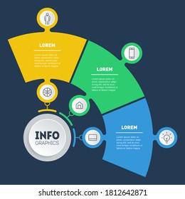 Concept of Business presentation with three steps. Template of a sales pipeline or diagram. Annual report. Infographic of technology or education process with 3 options.