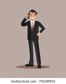 The concept of business promotion. Businessman is talking on the phone. Flat design.