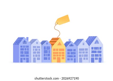 Concept of business in real estate, mortgage. Colored buildings for sale or rent with a price tag. Blue and orange houses in flat style. Realtor Services. Investing in housing.