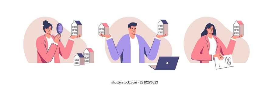 Concept Of Business In Real Estate, Mortgage, Rent. People Rent, Sale And Buy Property. Vector Illustration.