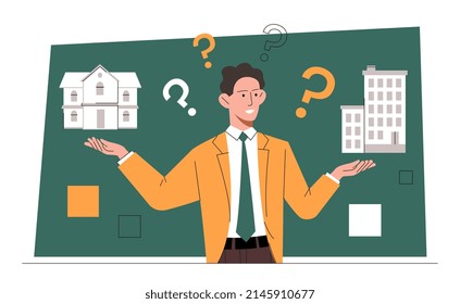 Concept of business in real estate. Young male entrepreneur holds different houses in his hands and makes choice. Buying, renting or mortgaging apartment. Cartoon modern flat vector illustration