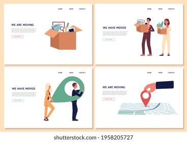 Concept Of Business Relocation, Change Office Location. Happy Employees Man And Woman Moving At New Job Address. A Set Of Landing Pages Templates. Vector Illustrations.