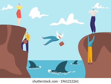 Concept business risk, businessman and businesswoman competition venture, entrepreneur fall abyss with shark flat vector illustration.