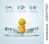 concept of business risk or business trap, graphic of sharp iron trap with golden coin as a bait