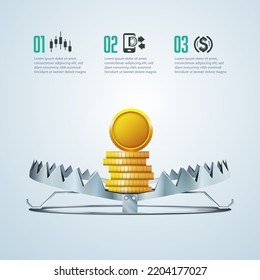 concept of business risk or business trap, graphic of sharp iron trap with golden coin as a bait