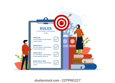 Concept of business rules, planning, regulation, compliance, startup company, business strategy. Business people studying list of rules, reading guide, making checklist. company laws and regulations.