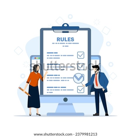 Concept of business rules, planning, regulation, compliance, startup company, business strategy. Business people studying list of rules, reading guide, making checklist. company laws and regulations.