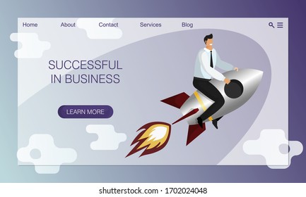 Concept of business site. Businessman in tie, trousers and white shirt riding rocket takes off into sky. Climbing the career ladder. Website landing page design template in flat vector style