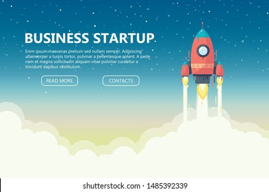 Concept of  business startup. Launch a red rocket into space. Development of business.