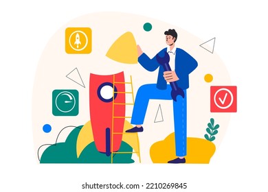 Concept Business startup with people scene in the flat cartoon design. Man puts the finishing touches on the project before it start. Vector illustration.