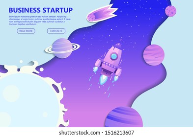 Concept of business startup. Rocket flying in space.  Development of business.