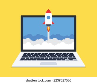 Concept of business startup. Rocket launch from screen. Vector illustration.