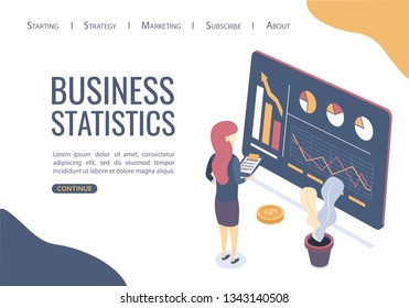 Concept of business statistics. Finding the best solutions to promote business ideas. Can use for web banner, infographics. Flat isometric style.
