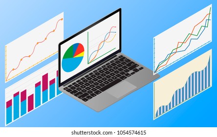 Concept business strategy. Analysis data and Investment. Business success.Financial review with laptop and infographic elements. 3d isometric flat design. Vector illustration.