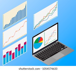 Concept business strategy. Analysis data and Investment. Business success.Financial review with laptop and infographic elements. 3d isometric flat design. Vector illustration.