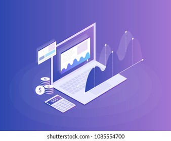 Concept business strategy. Analysis data and Investment. Business success.Financial review with laptop and infographic elements. 3d isometric flat design. Vector illustration.