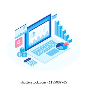 Estratégia de negócios conceitual. Dados de análise e investimento. Elementos isométricos. Sucesso nos negócios.Revisão financeira com elementos de laptop e infográfico. Design plano isométrico 3d. Ilustração vetorial.