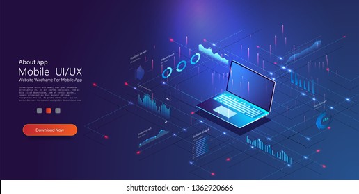 Concept business strategy. Analysis data and Investment. Application of laptop with business graph and analytics data on isometric laptop