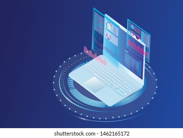 Concept business strategy. Analysis data and Investment. Business success.Financial review with laptop and infographic elements. 3d isometric flat design. Vector illustration.