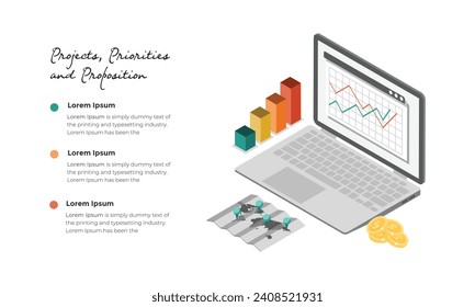 Concept business strategy. Analysis data and Investment. Business success.Financial review with laptop and infographic elements. 3d isometric flat design. Vector illustration.