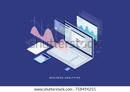 Concept business strategy. Analysis data and Investment. Business success.Financial review with laptop and infographic elements. 3d isometric flat design. Vector illustration.