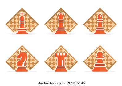 Concept of Business Strategy With Chess Figures On A Chess Board Modern Color Vector Illustration Set. Color Chess Figures Pieces Illustration.