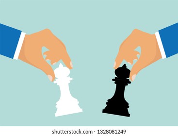 Concept of business strategy and competition. Vector of businessmen moving chess pieces as a symbol of rivalry corporate negotiation. 