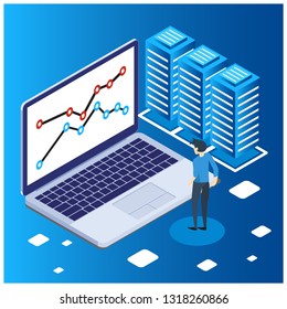 The concept of business strategy. Data charts or financial diagrams, statistical data information. Illustration of laptop isometric and infographics. - Illustration