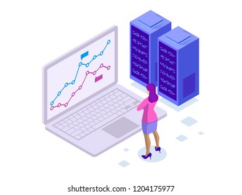 Concept business strategy. Illustration of data financial graphs or diagrams, information data statistic. Laptop and infographics isometric vector illustration