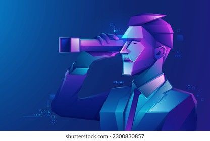 concept of business strategy or investment opportunity, graphic of low poly businessman with spyglass presented by cyberpunk style