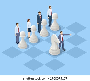 Concept business strategy. Isometric businessmen and women playing chess game reaching to plan strategy for success. Achieving goals business strategy for win, management or leadership.