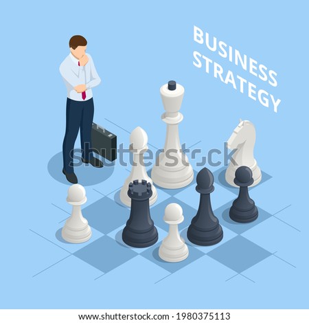 Concept business strategy. Isometric businessmen playing chess game reaching to plan strategy for success. Achieving goals business strategy for win, management or leadership.