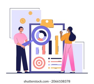 Concept of business strategy. Man and girl exploring market. Character looks at charts through magnifying glass. Assessment of interests of your audience, business. Cartoon flat vector illustration
