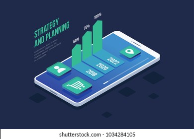 Concept business strategy. Project planning, sales and financial report. Success in business. Smartphone with icons and growth chart. 3d isometric flat design. Colorful infographic vector element.