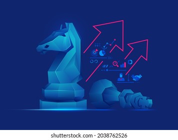 concept of business strategy or risk management, graphic of low poly chessboard figures with business icons