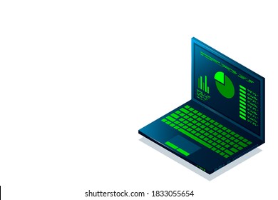 Business Strategy, Web-Banner mit Laptop, Analysis data and Investment, Technology Theme, Financial Review mit Laptop und Infografik Elemente, 3D isometrisch, Vektorgrafik.