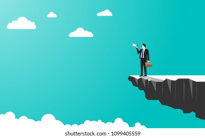 Concept business success, Bussinessmen holding a magaphone, People businessman standing on mountain cliff. Illustration vector flat