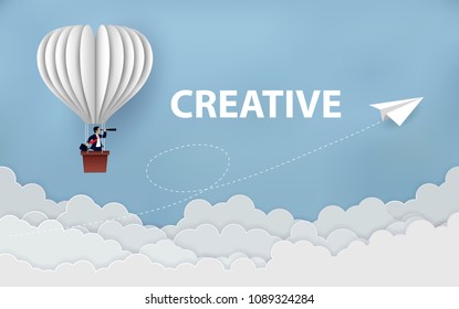 concept of business success, hot air balloon businessman holding binocular and paper plane white flying on sky between cloud. to the target. startup. creative idea. vector illustration