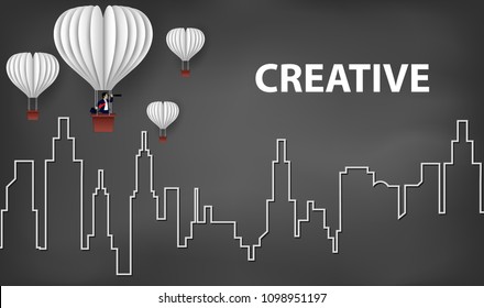 concept of business success, hot air balloon businessman holding binocular and paper plane white flying on sky between city on background blackboard. to the target. startup. creative idea. vector