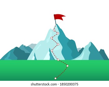 The concept of business success. Mountain top with a flag on a white background. Beautiful mountain landscape. Hiking in the mountains. Vector illustration, flat style.