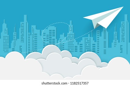 concept of business success. paper airplane white flying on sky between cloud. beautiful natural landscape. to the target. startup. creative idea. vector illustration