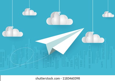 concept of business success. paper airplane white flying on sky between cloud on blue background. startup. creative idea. vector illustration