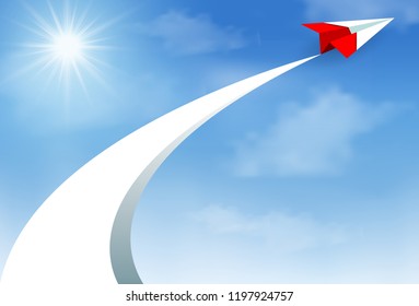 concept of business success. paper airplane red flying up to sky. beautiful natural landscape. to the target. startup. creative idea. leadership. vector illustration