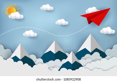 concept of business success, Paper plane red flying on sky between cloud and mountain. Beautiful natural landscape. To the target. creative idea. vector illustration