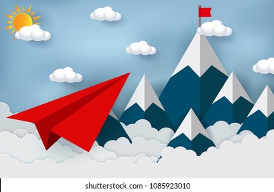 concept of business success, Paper plane red flying on sky with cloud and mountain. Beautiful natural landscape. To the target. creative idea. leadership. vector illustration 