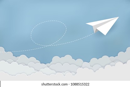 concept of business success, Paper plane white flying on sky between cloud. beautiful natural landscape. to the target. startup. creative idea. vector illustration