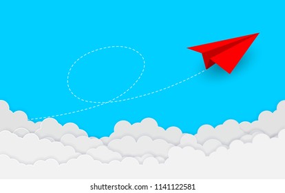 concept of business success, Paper plane white flying on sky between cloud. beautiful natural landscape. to the target. startup. creative idea. vector illustration