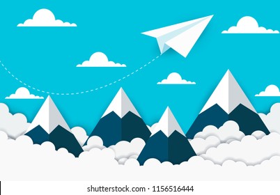 concept of business success. paper plane flying on sky between cloud and mountain. beautiful natural landscape. To the target. creative idea. vector illustration