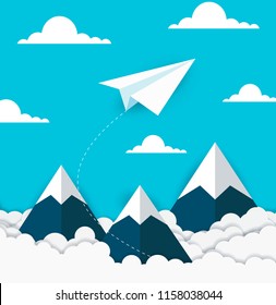 concept of business success. paper plane flying on sky between cloud and mountain. beautiful natural landscape. To the target. creative idea. vector illustration