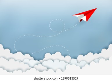 concept of business success, Paper plane red flying on sky between cloud. beautiful natural landscape. to the target. startup. creative idea.  illustration cartoon vector